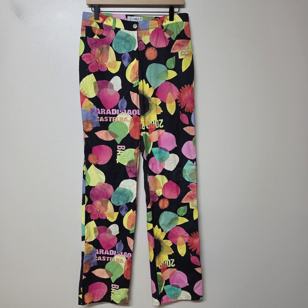 J.C. de Castelbajac Pants 46 Paradisiaque 2000 Floral Art Print Made Italy